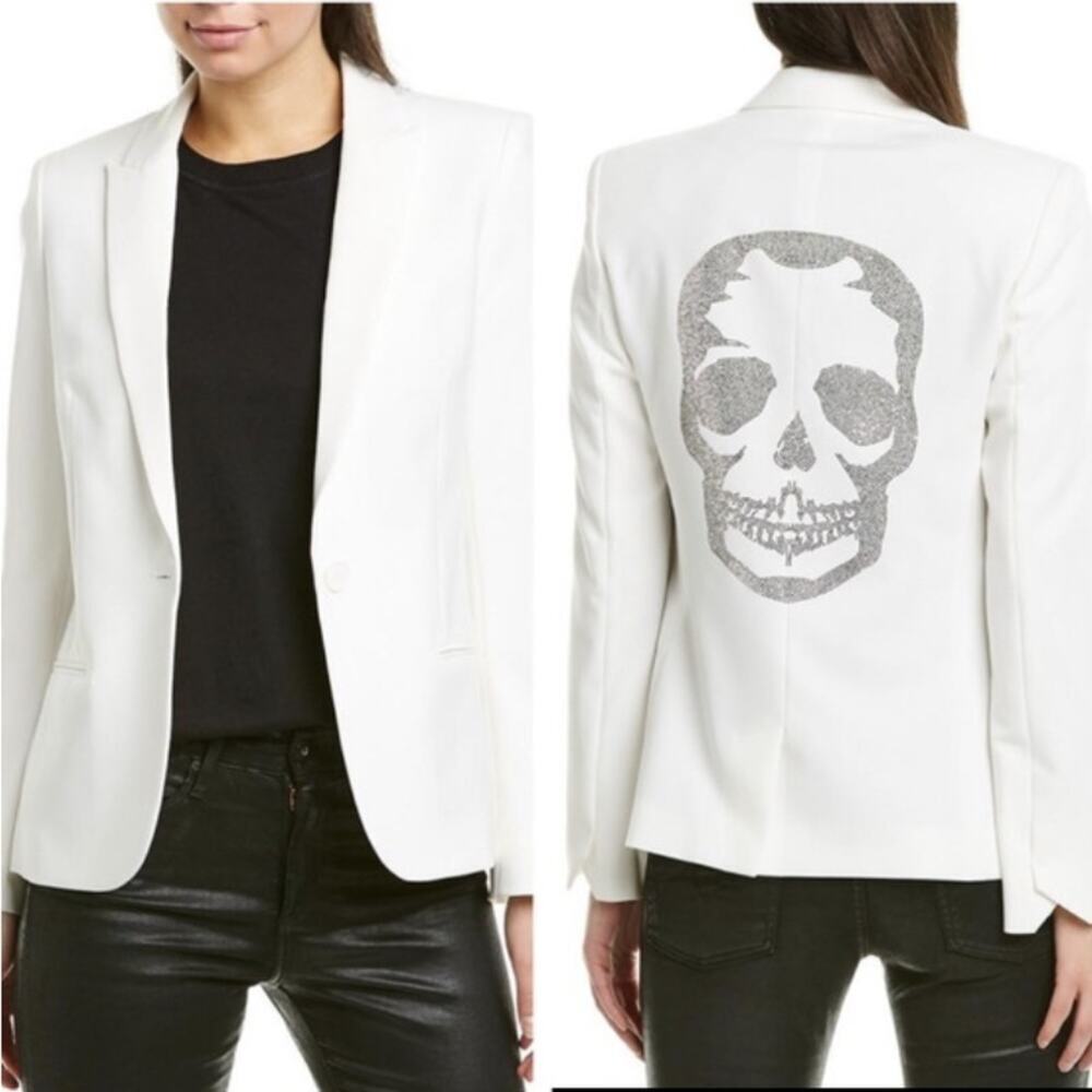 Zadig & Voltaire Vedy Bis Rhinestone Skull Blazer Jacket Ecru White 36 Small